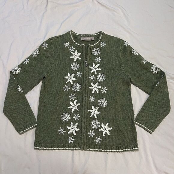 Croft & Barrow Petite Medium PM Winter Christmas Zip Up Green Snowflake Sweater - Picture 1 of 7